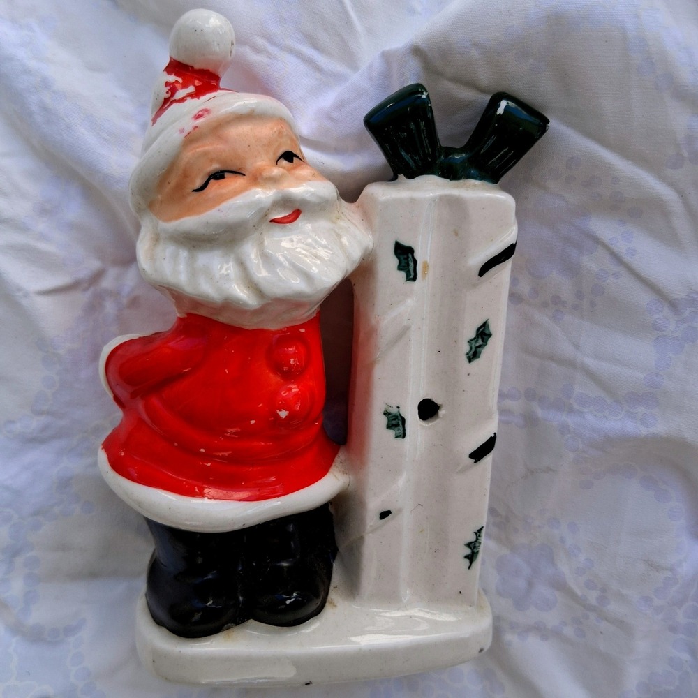 Vintage MCM Ceramic Santa Claus Figurine Leaning on Gift Box Christmas Decor